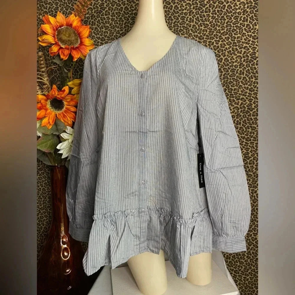 🌴3/$30🌴DOE & RAE Black Striped Button Down BabyDoll Blouse NWT - Picture 4 of 10